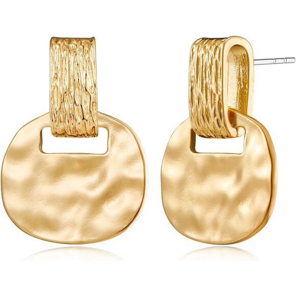 14K Gold Pleated Boho Hammered Statement Finish Dangle Drop Earrings for Women - Picture 1 of 7